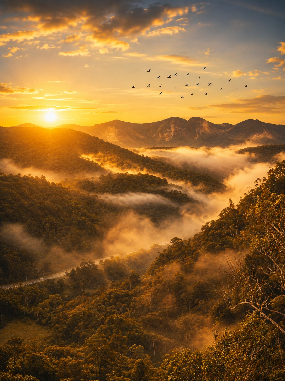 Vista panorâmica das montanhas de Teresópolis ao amanhecer