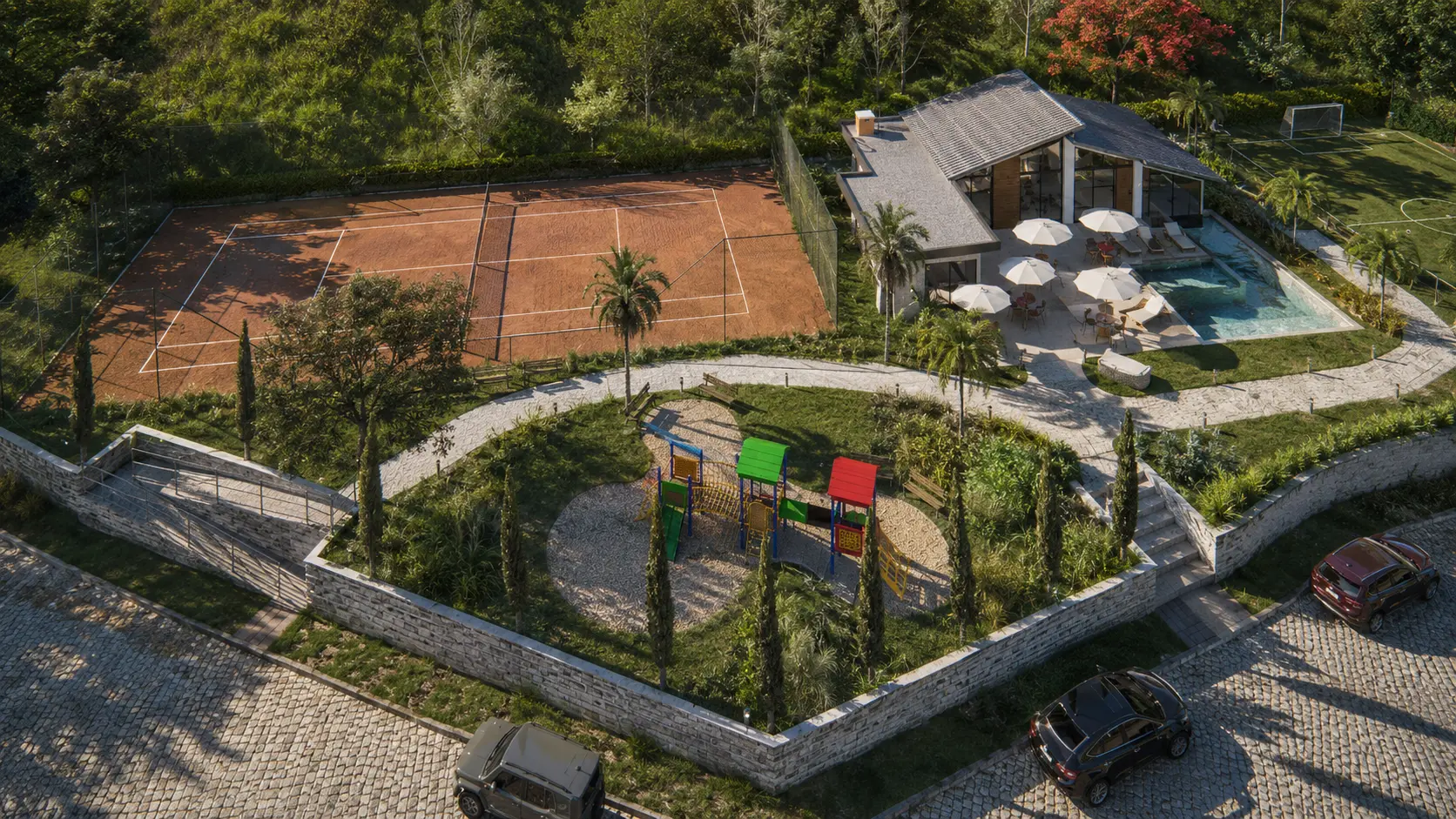 Vista aérea do clube, quadra de tênis e playground do Estância La Linda