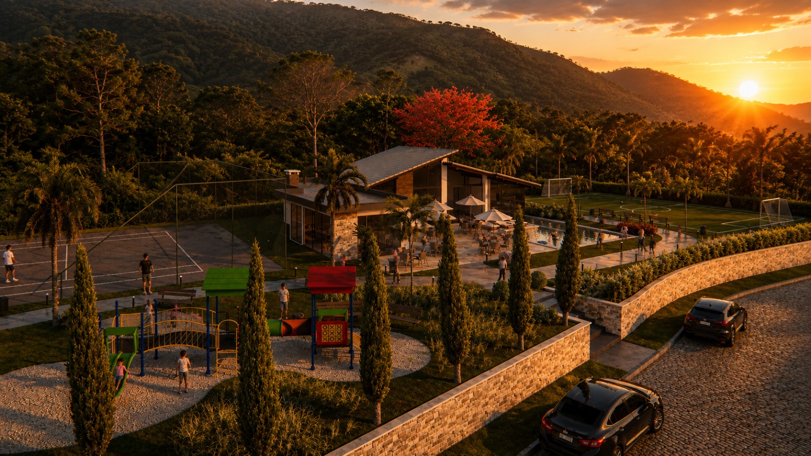 Vista aérea do clube do Estância La Linda ao pôr do sol, em Teresópolis